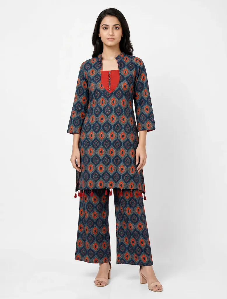 Blue & Red Printed 2 piece Coord Set