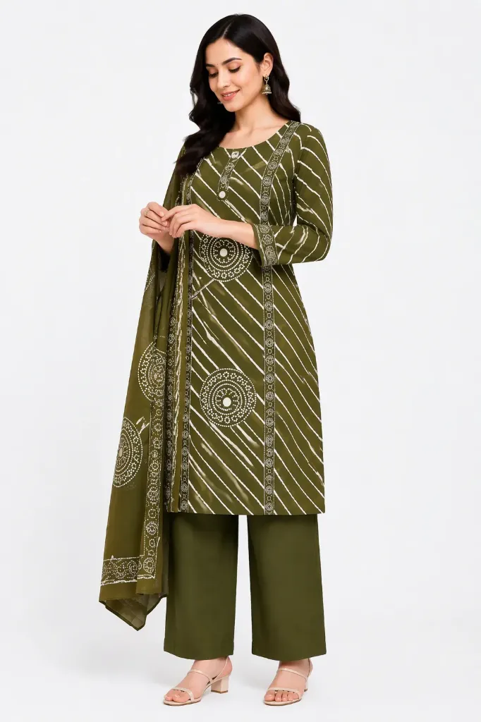 Green Bandhni print cotton 3 piece Suit set