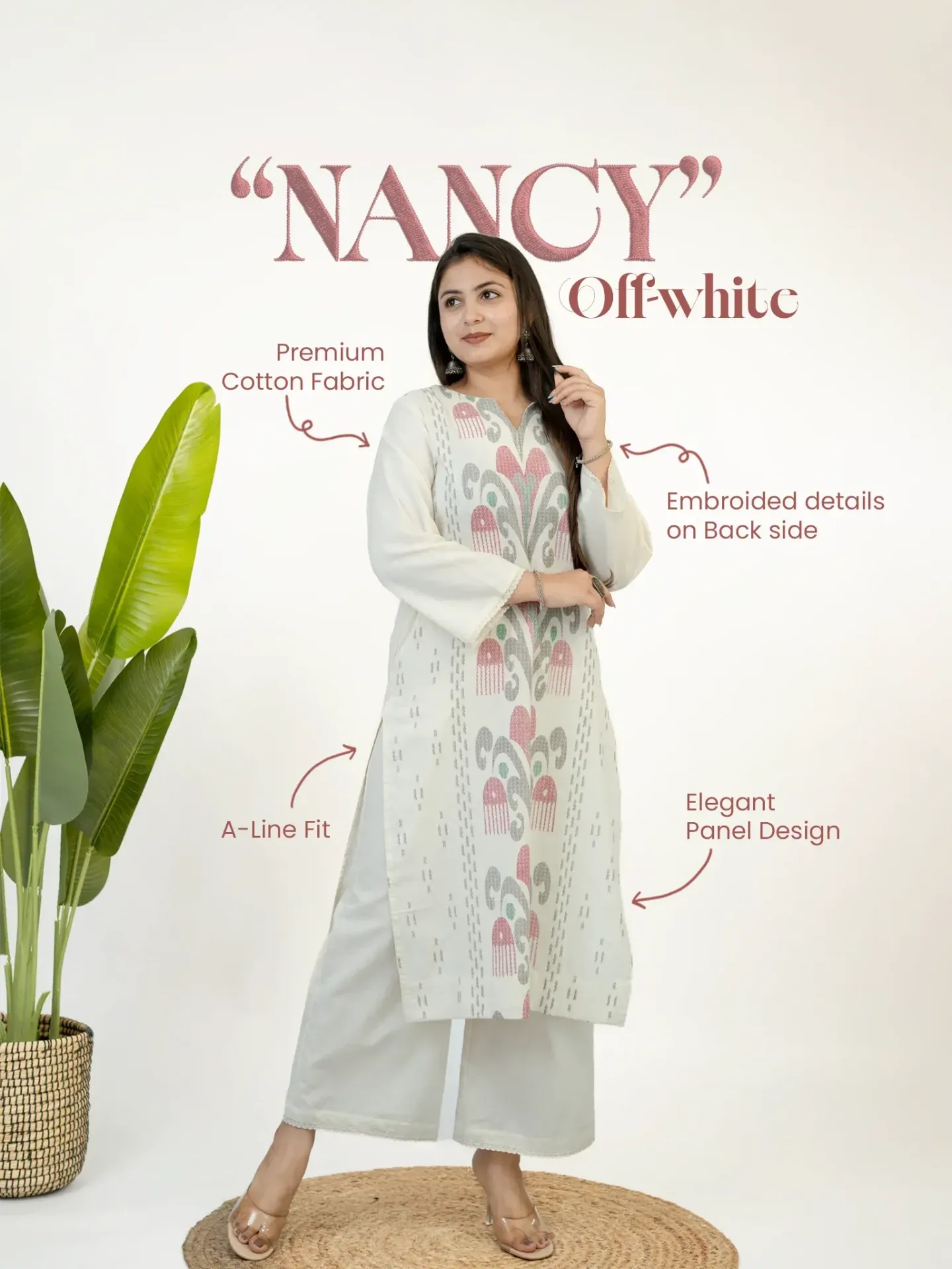 [CS-BLK-114] Nancy Offwhite-Black Ikkat A-line Cotton Kurta Set (Offwhite, M-38)