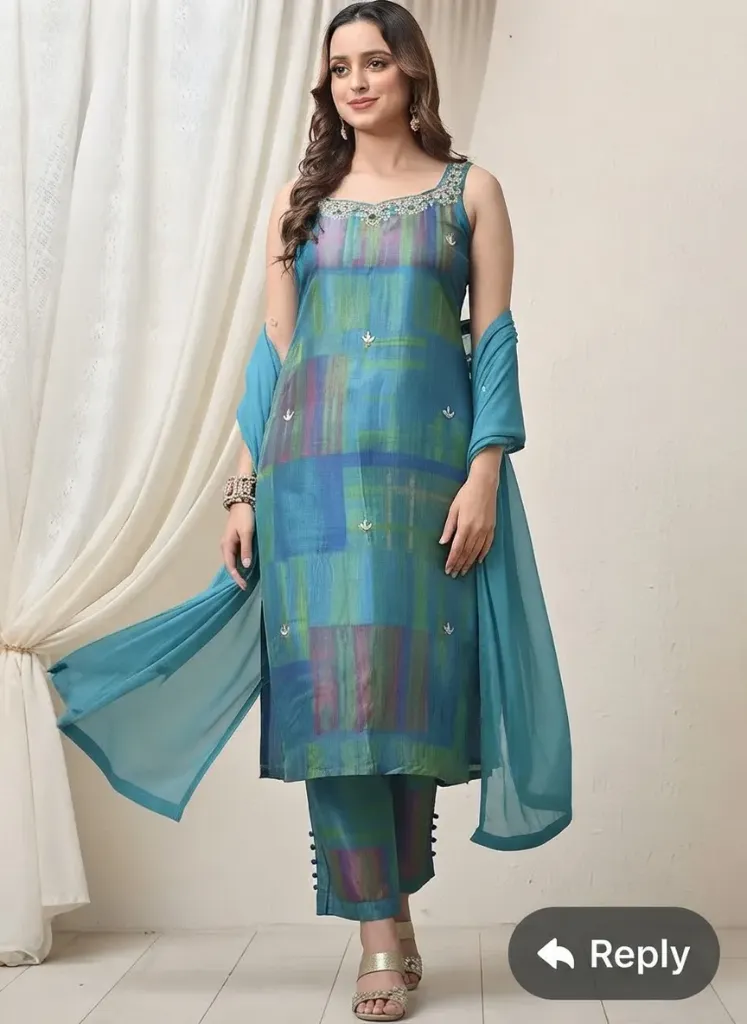 Blue & Green Self Print 3 Piece Straight Suit