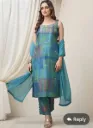 Blue & Green Self Print 3 Piece Straight Suit