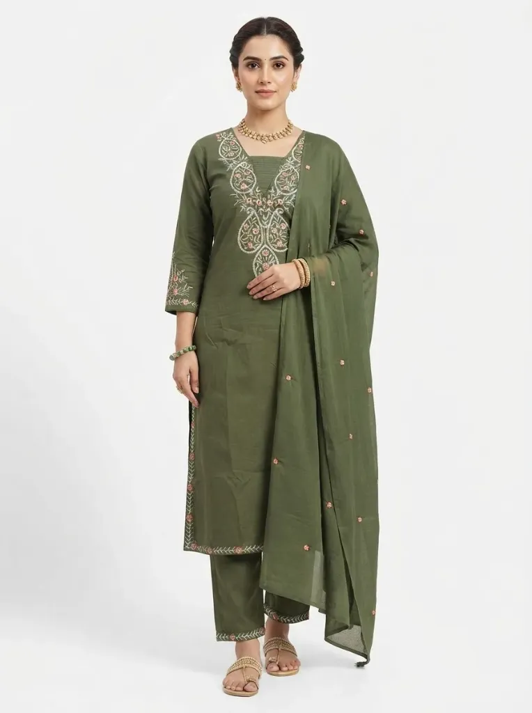 Olive Green embroidered 3 Piece Straight suit