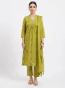 Pure Cotton Green A Line Kurta with Pant and Dupatta
