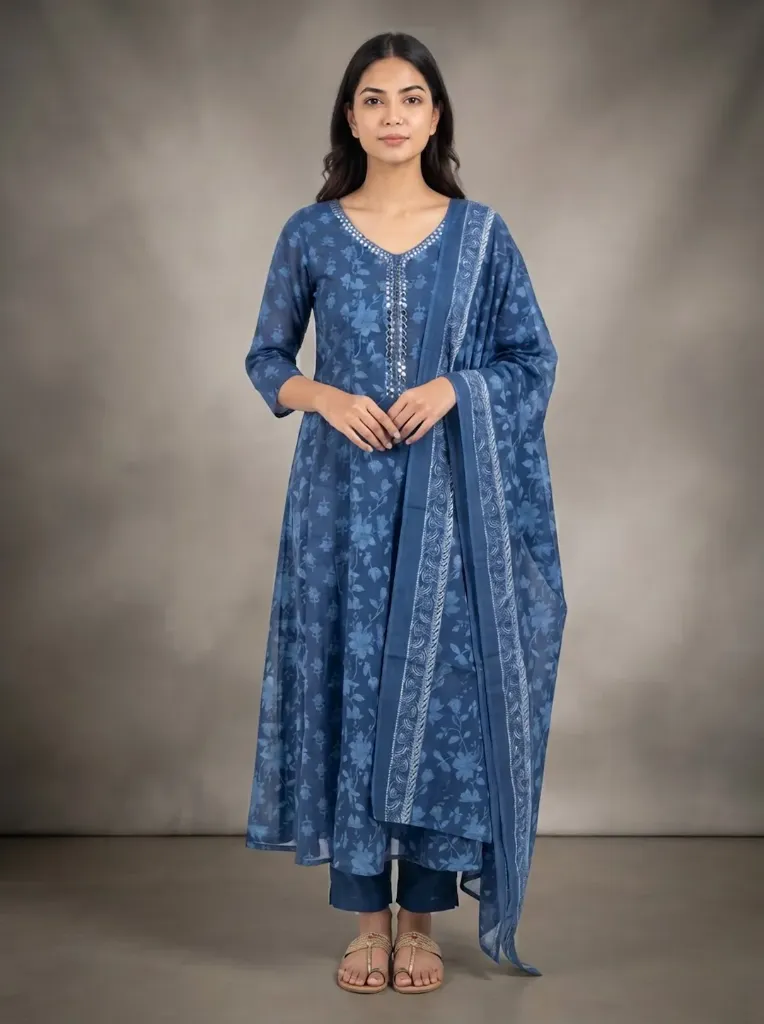 Blue Printed Cotton Anarkali